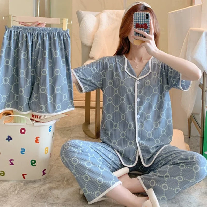 Women\'s New Three-Piece Pajamas Summer Short-Sleeved Pyjamas Korean Version of the Sweet and Lovely Cardigan Ladies Homewear