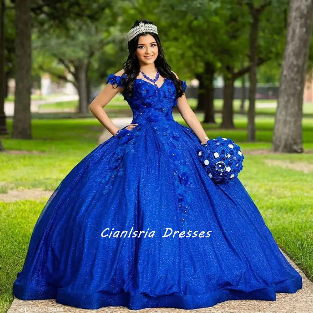 

Королевское синее блестящее платье Quinceanera с 3D цветами и кристаллами, бальное платье с открытыми плечами и аппликациями, кружевной корсет, Vestidos De XV Anos