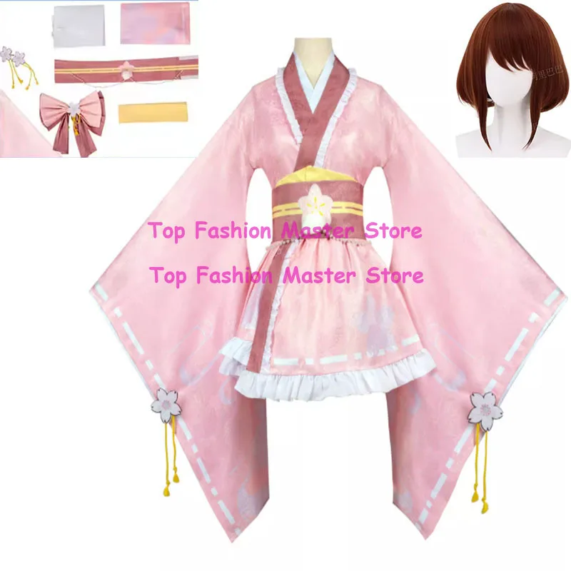 

Anime Uraraka Ochaco Boku No Cosplay Costume Wig Kimono Lovely Pink Lolita Dress Hallowen Carnival Party Suit