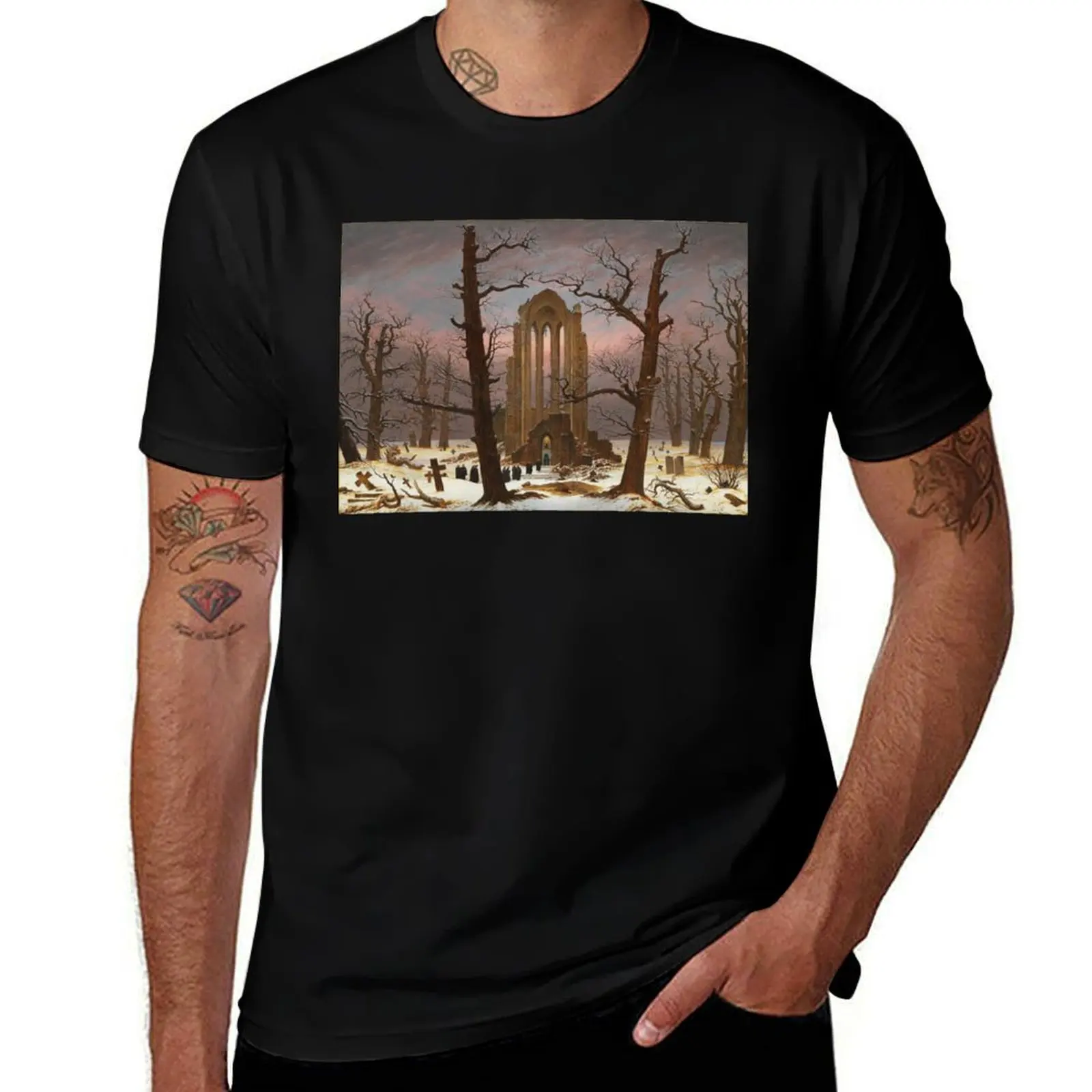 Monastery Graveyard under Snow by Caspar David Friedrich T-Shirt man t shirt designer cotton t shirt pack T-Shirt