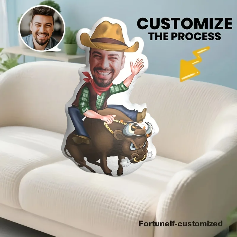 1 Custom Face Pillow, Personalized Photo Custom Pillow - Cowboy Riding Bull Design, Personalized Mini Cushion, a Unique Gift for