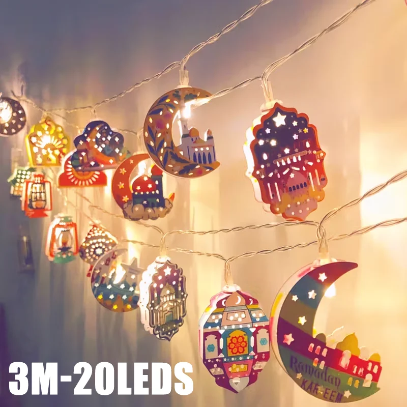 

Светодиодная гирлянда для декора в мусульманском стиле, дизайн «Луна и Звезды», на батарейках, для праздника Рамадан, «Мубарак»