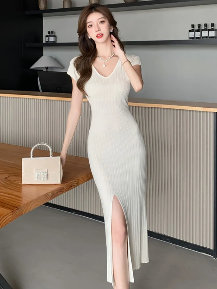 مثير محبوك الدكتور المرأة التخسيس طويلة سبليت V-Ne Bodycon تنورة Ci تخفيف ملابس يومية غير رسمية الصيف Faion Ele