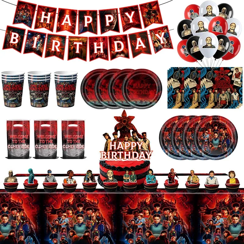 Décoration d'anniversaire sur le thème du film d'horreur Stranger Season 5, vaisselle, gobelets, assiettes, ballons, fournitures pour fête d'anniversaire d'enfants, baby shower