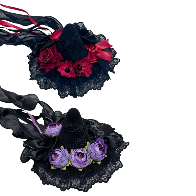 Black Pointed Hat Headpiece with Rose Flower, Lace Bows and Long Ribbons, Cosplay Hair Clip for Masquerades Party, Theme Event