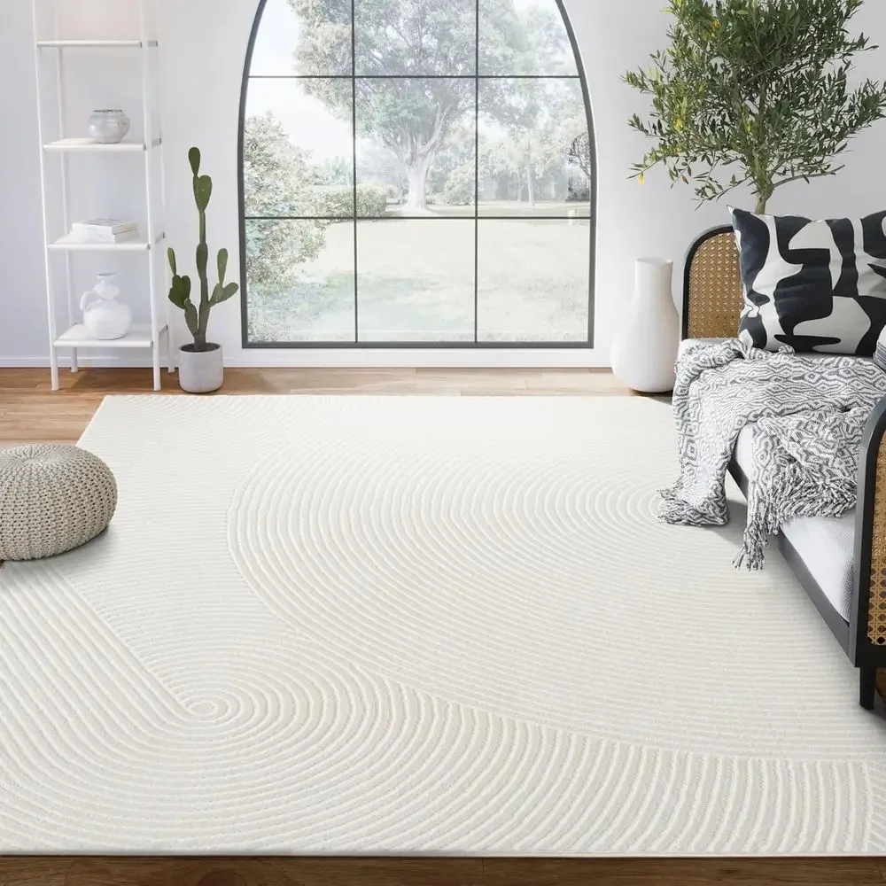 Elegant 8' x 10' Neutral Cream Area Rug | Minimalist Zen Style | Ideal for Bedroom, Living Room, Dining