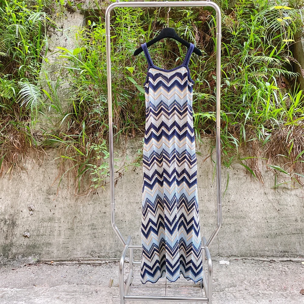 

Romantic Fashionable Vacation Style Color Block Wave Stripe Slimming Strap Knitted Long Dress Casual High Waist Gauze Fiber S...
