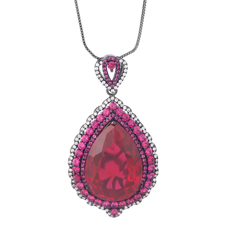 Jewelry Gold-Plated Red Corundum Large Water Drop Black Gold Pendant Necklace Main Stone 18*25