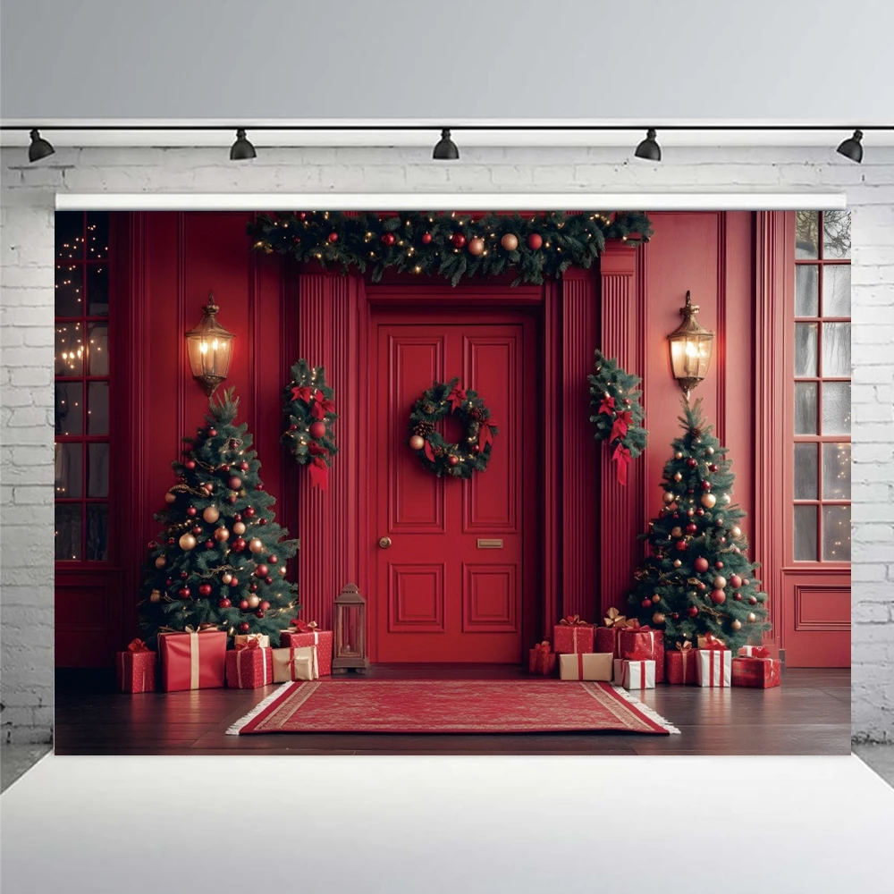 Christmas Wooden Door Backdrop Photography Winter Xmas Tree Garland 2024 Christmas Holiday Family Party Decor Background Studio