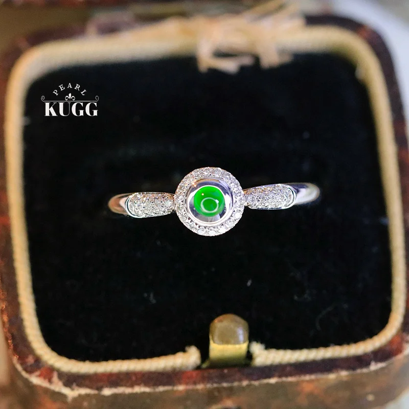 

KUGG 100% 18K White Gold Rings Elegant Style Shiny Diamond Natural Jade Engagement Ring for Women High Anniversary Gift