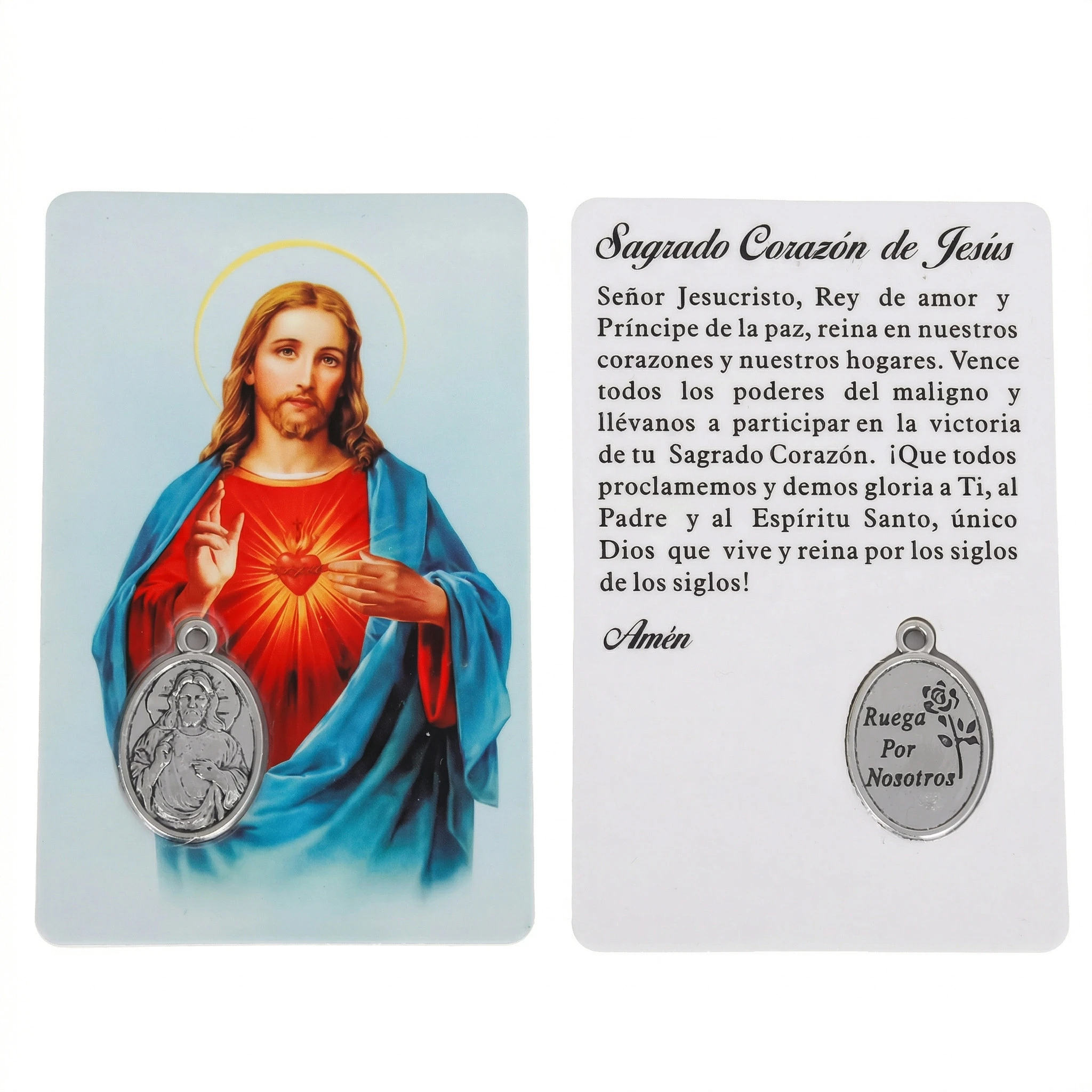 Medalla del Sagrado Corazón de Jesús con Tarjeta de Oración Católica en Español Dije Colgante de Rosa Joyería Religiosa Regalos de Devoción Cristiana Recuerdos para Eventos de la Iglesia al por Mayor