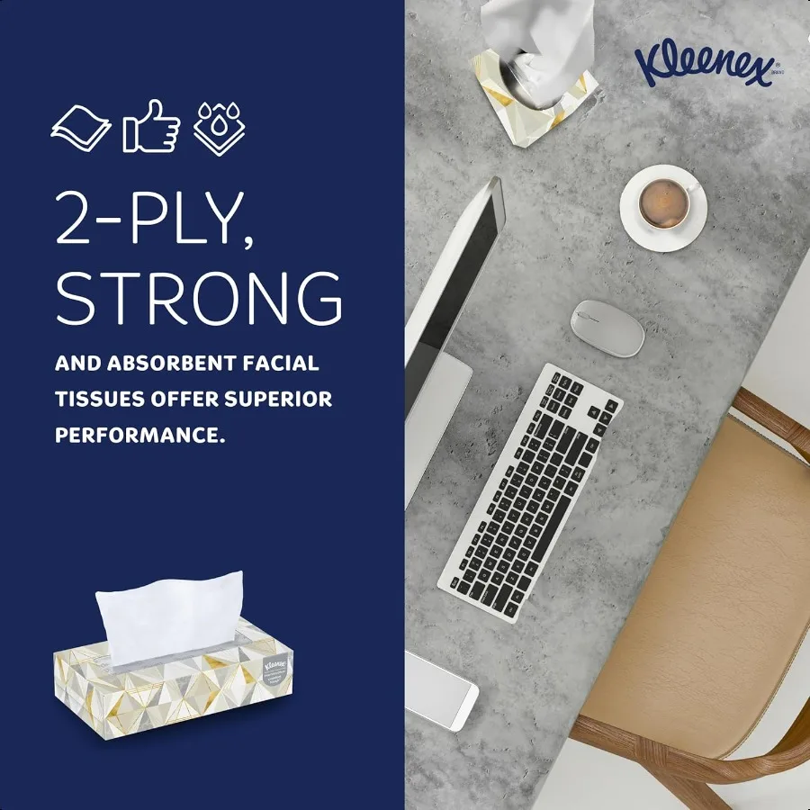 Kleenex Tessuto per il viso professionale sfuso 03076 Formato in scatola piatta bianca a 2 strati Progettato per dimensioni di comodità aziendale (125 scatola di fazzoletti 12