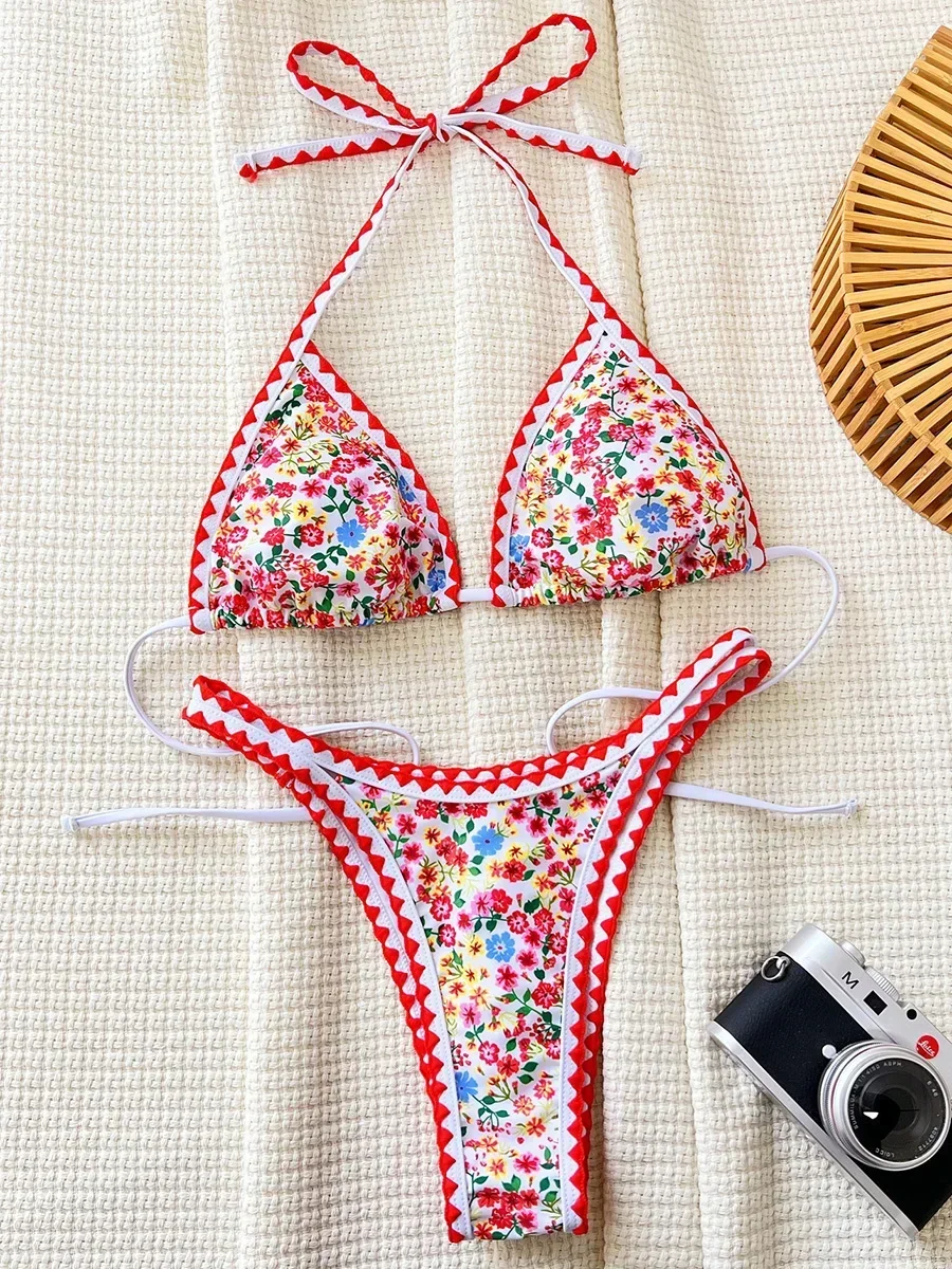 Bikini Triangular con Estampado Floral Sexy para Mujer, Traje de Baño Femenino de Dos Piezas, Conjunto de Bikini Brasileño