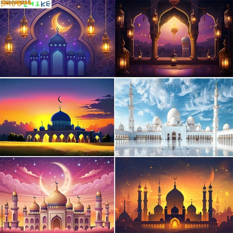 

Ramadan Eid Kareem Mubarak Islamic New Year Moon Lanterns Background Arabic Palace Candles Mosque Photography Backdrops EI-06
