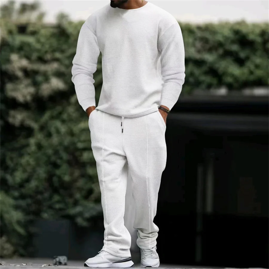 Solid Color Two Piece Suits Men O-Neck Long Sleeve T-shirt and Pants Outfits Men's Spring Autumn Casual Sports Set Streetwear