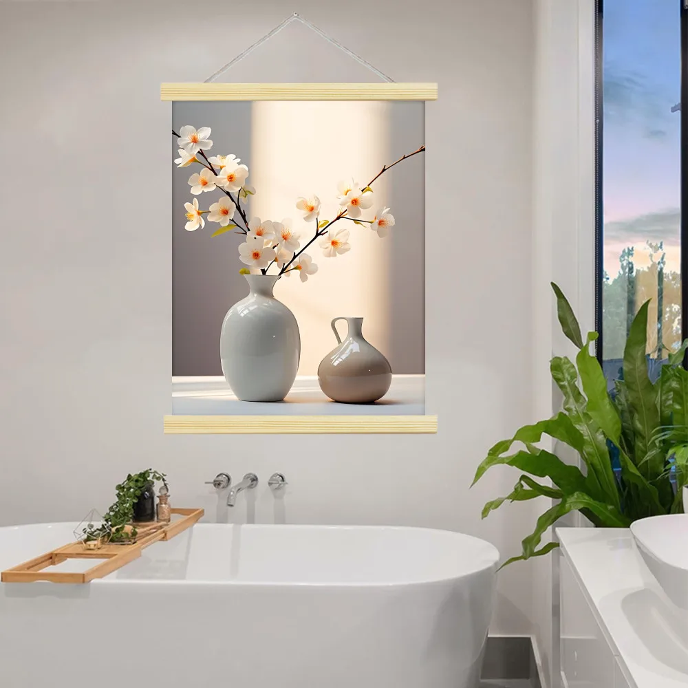 1 قطعة 2D شقة الحد الأدنى حمالة تعليق جدارية الفن Soild الخشب التمرير معلقة الملصقات إطار بيج مع زهر الكرز زهرية طباعة #1