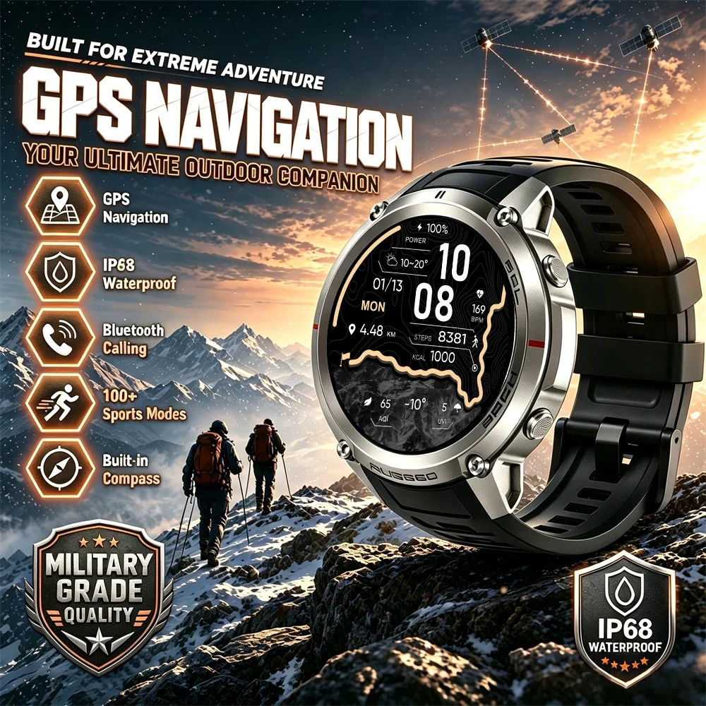 New Military Grade 500mAh Battery Smart Watch 5ATM Waterproof GPS Tracker Bluetooth Call AMOLED HD Men Sport 2026 New Smartwatch
