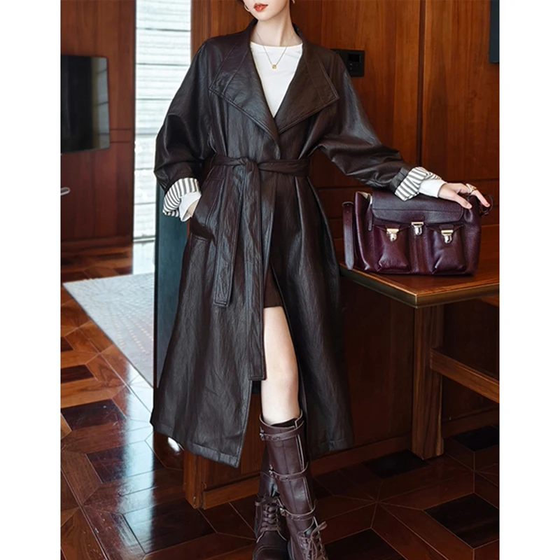 Real Leather Trench Coats Woman Spring New Sheepskin Small Stand Collar Stitching Profile Belt Loose Bathrobe Windbreaker Jacket