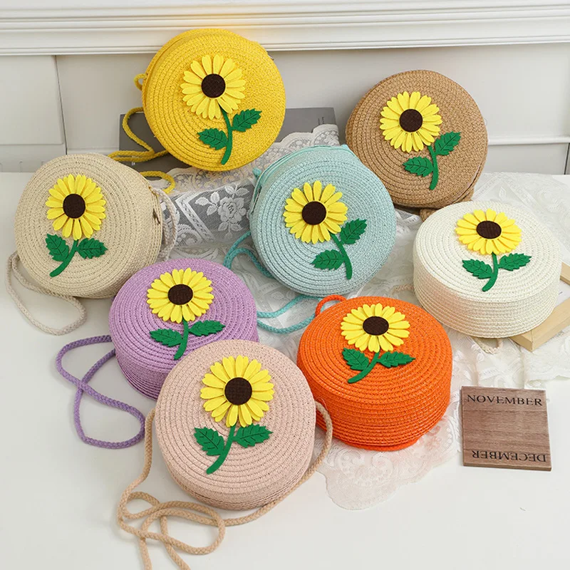 Seaside Women's Flower Straw Shoulder Bag Sunflower Beach Woven Crossbody Bags Cute Girl's Round Small Handbags Phone Purse