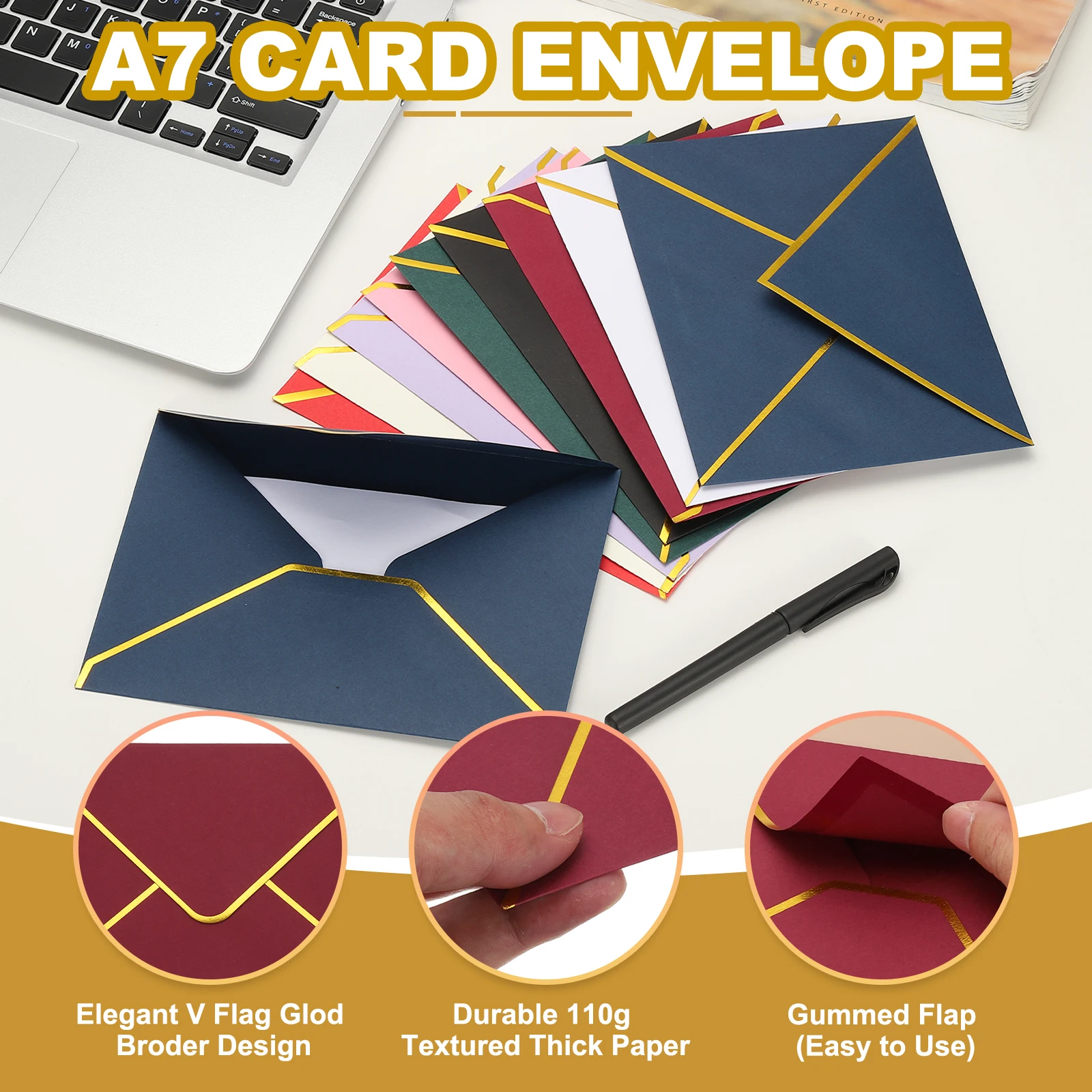 30/60/120Pcs A7 Envelopes 5x7 Card V Flap Envelope Round Edge Valentine Envelopes with Gold Border for Wedding Invitations Party