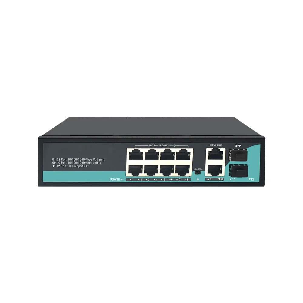 10/100/1000Mbps 8 Port PoE Switch 2 RJ45 Uplink 2 SFP 120W Power Supply Desktop Wall Mount Surveillance Business
