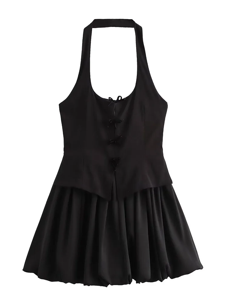 

Willshela Women Fashion Black Pleated Backless Side Zipper Mini Dress Vintage Halter Neck Sleeveless Female Chic Lady Dresses