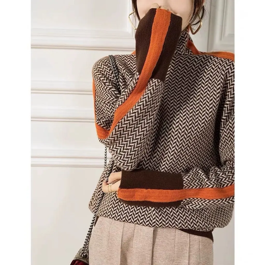 

Women's European Style Turtleneck Cashmere Base Sweater Loose Lazy Style Houndstooth High-Neck Trendy for Autumn Winter