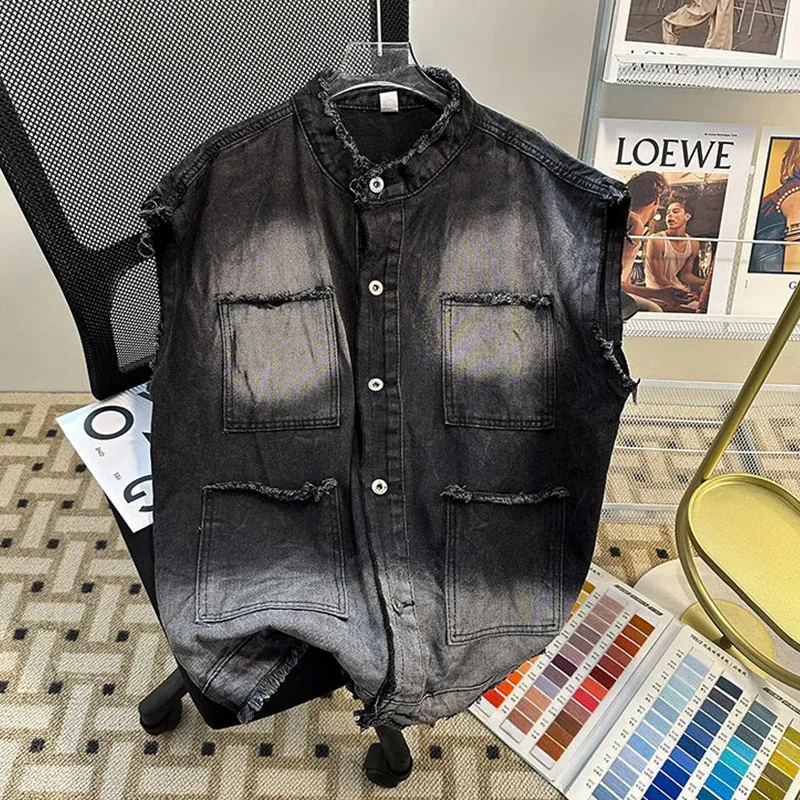 

American Style Distressed Denim Vest Men's Summer Trend Gradient Color Sleeveless Camisole Vest Trend Lapel Work Pocket Jacket