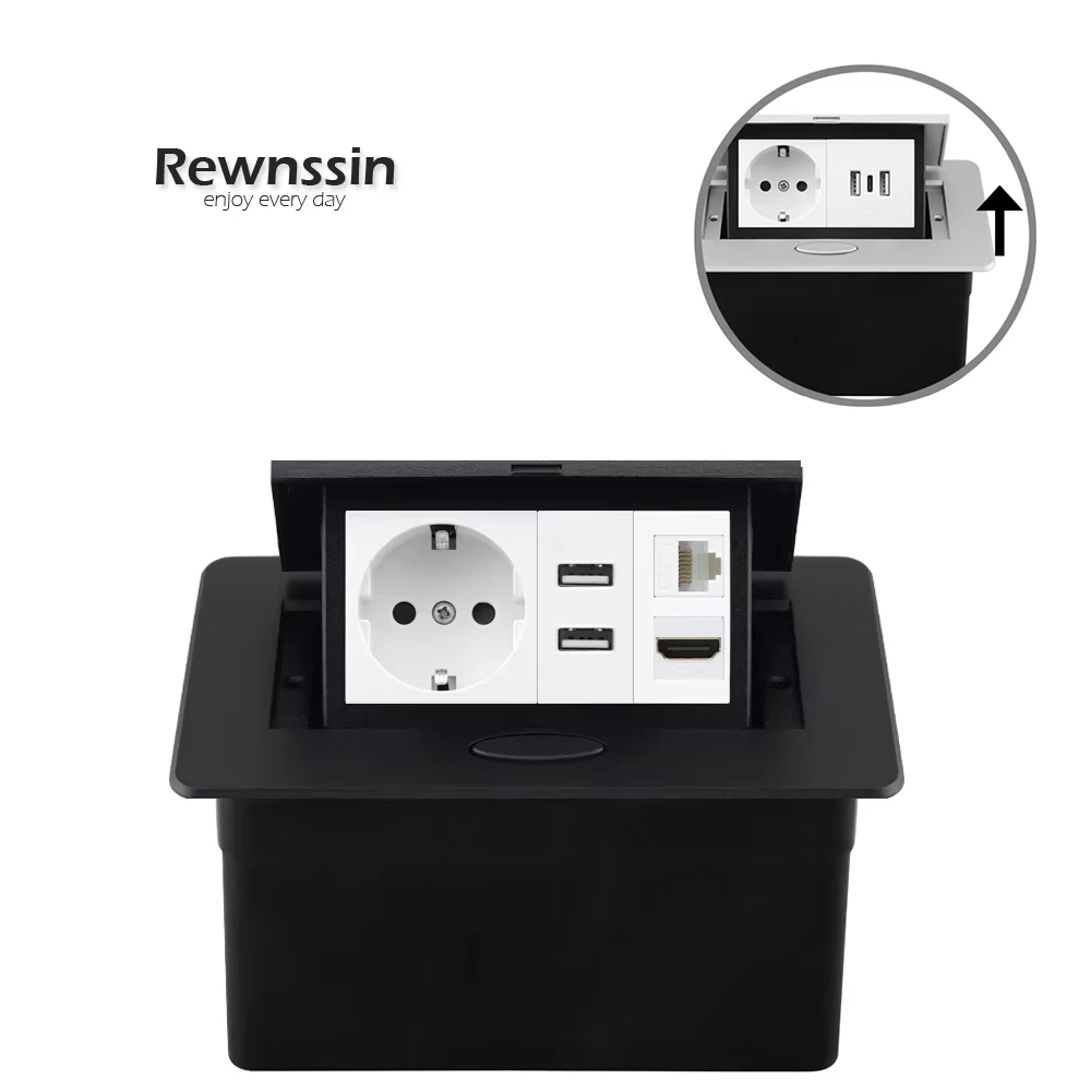 

Настольная выдвижная розетка из алюминиевого сплава с 2 USB-портами (европейский стандарт) + интерфейс RJ45 для интернета, HDMI, USB (женский разъем)