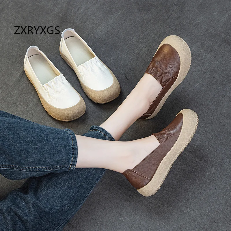 

ZXRYXGS 2026 Spring Round Toe Top Layer Cowhide Leather Shoes Casual Sneakers Flat Thick Sole Comfortable Women's Travel Shoes