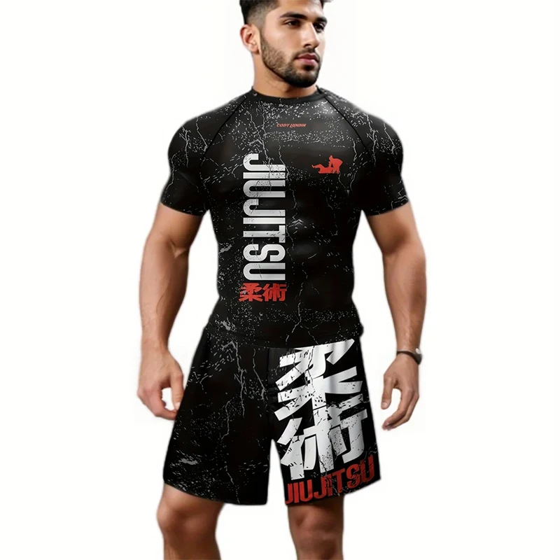 MMA kompresyjne t-shirty + zestawy spodenek mężczyźni wysoka elastyczność jiu jitsu BJJ Rashguard siłownia dres Fitness koszulki bokserskie strój