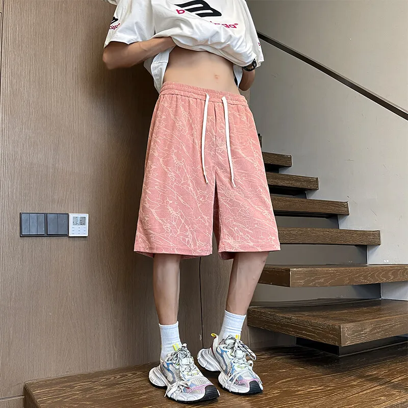 Mens Summer Casual Shorts Marble Pattern Elastic Waist Drawstring Breathable Stretch Comfort Outdoor Beach Lounge Wear Fashion