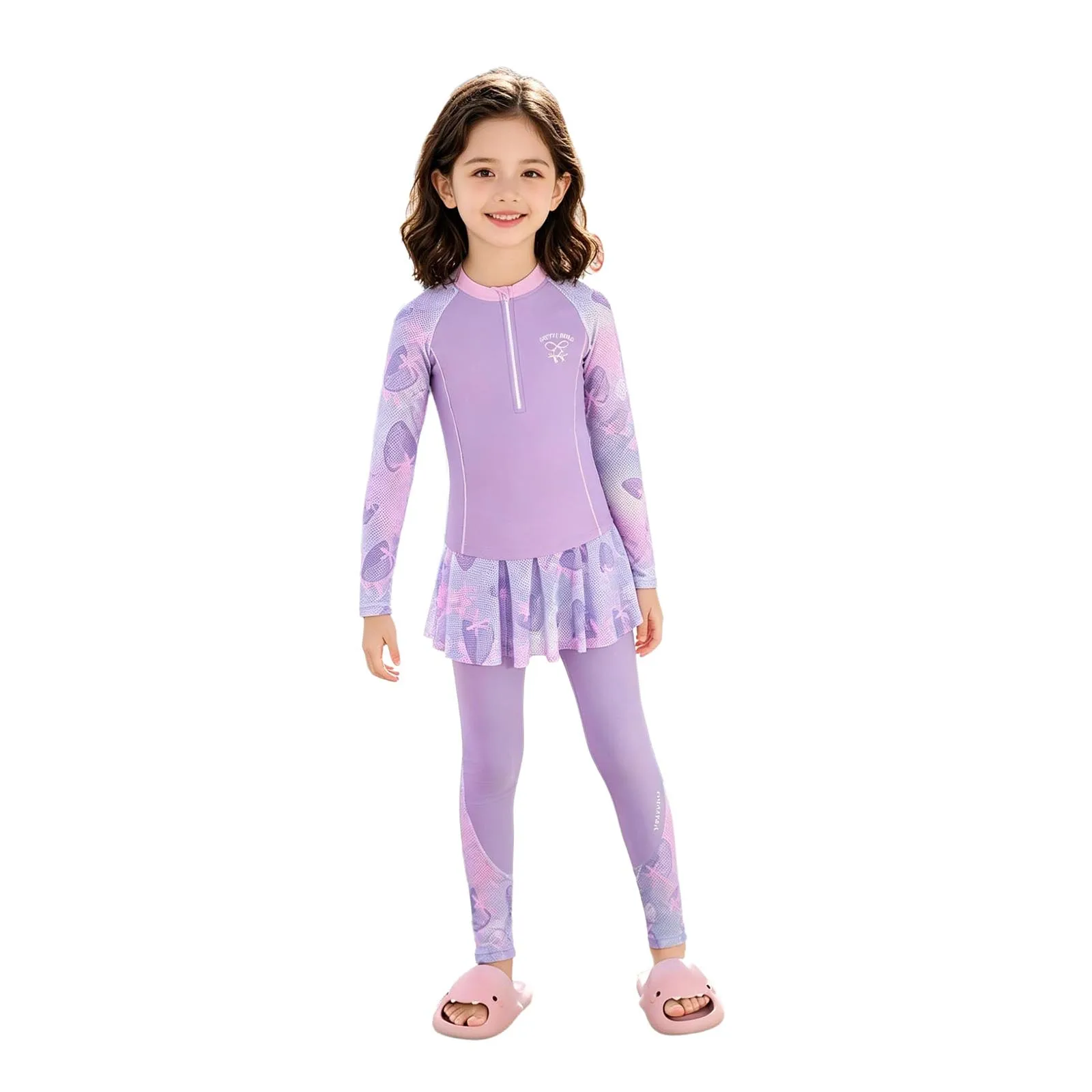 

Kids Girls 3 Pieces Rash Guard Swimsuit Printed Swimwear Long Sleeve Top with Long Pants and Skirt Set for Family Lake Swim Day