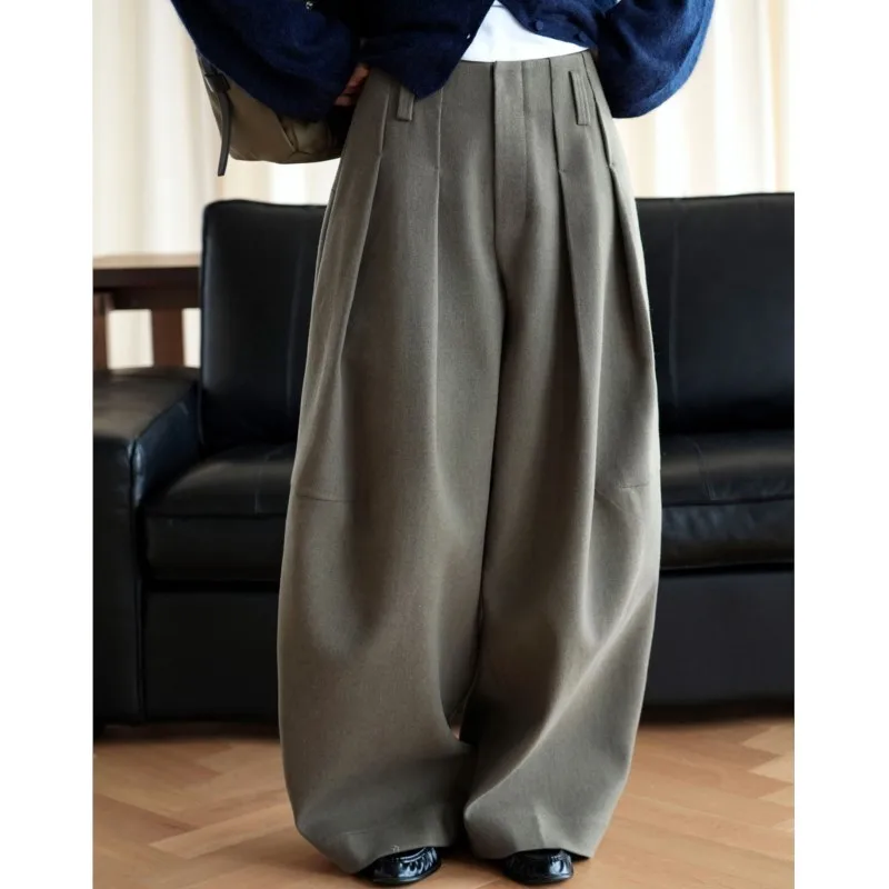 Johnature Autumn Winter New Thick Woolen Commuting High-waist Wide-leg Pleated Pants Comfortable Simple Long Pants For Women