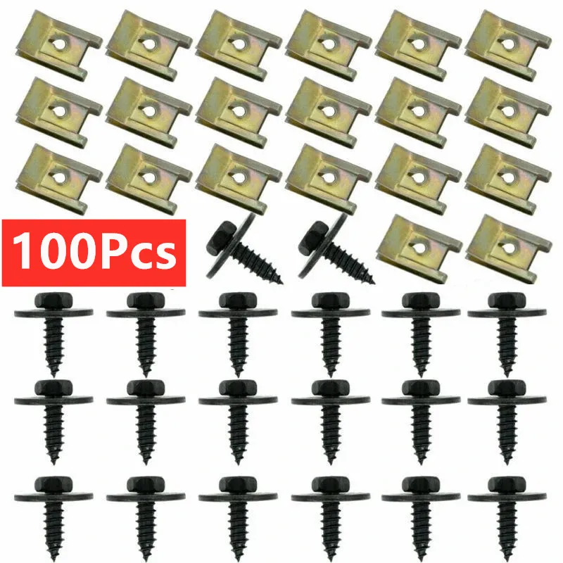 100/20Pcs Auto Chassis Engine Guard Metal Nut/Screw Washers U-shape Fastener Clip Car Fender Bumper Cross Head Screws For BMW