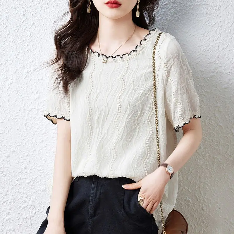 Moda O-Collo Spliced Ruffles Camicetta casual Abbigliamento femminile 2025 Estate Nuovo pullover coreano Top Camicia da pendolare