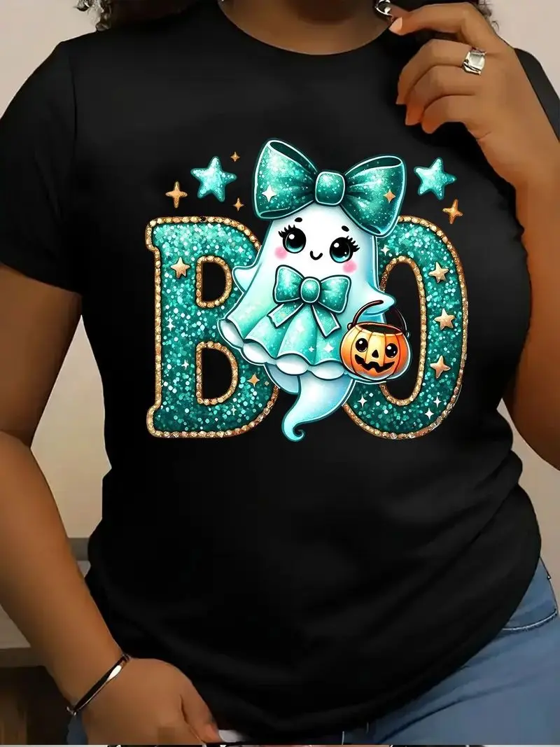 Plus Size Women's Glittery Turquoise Boo Lettering T-Shirt With Bow Retro Short Sleeve Round Neck Trick Or Treat Outfits Gift