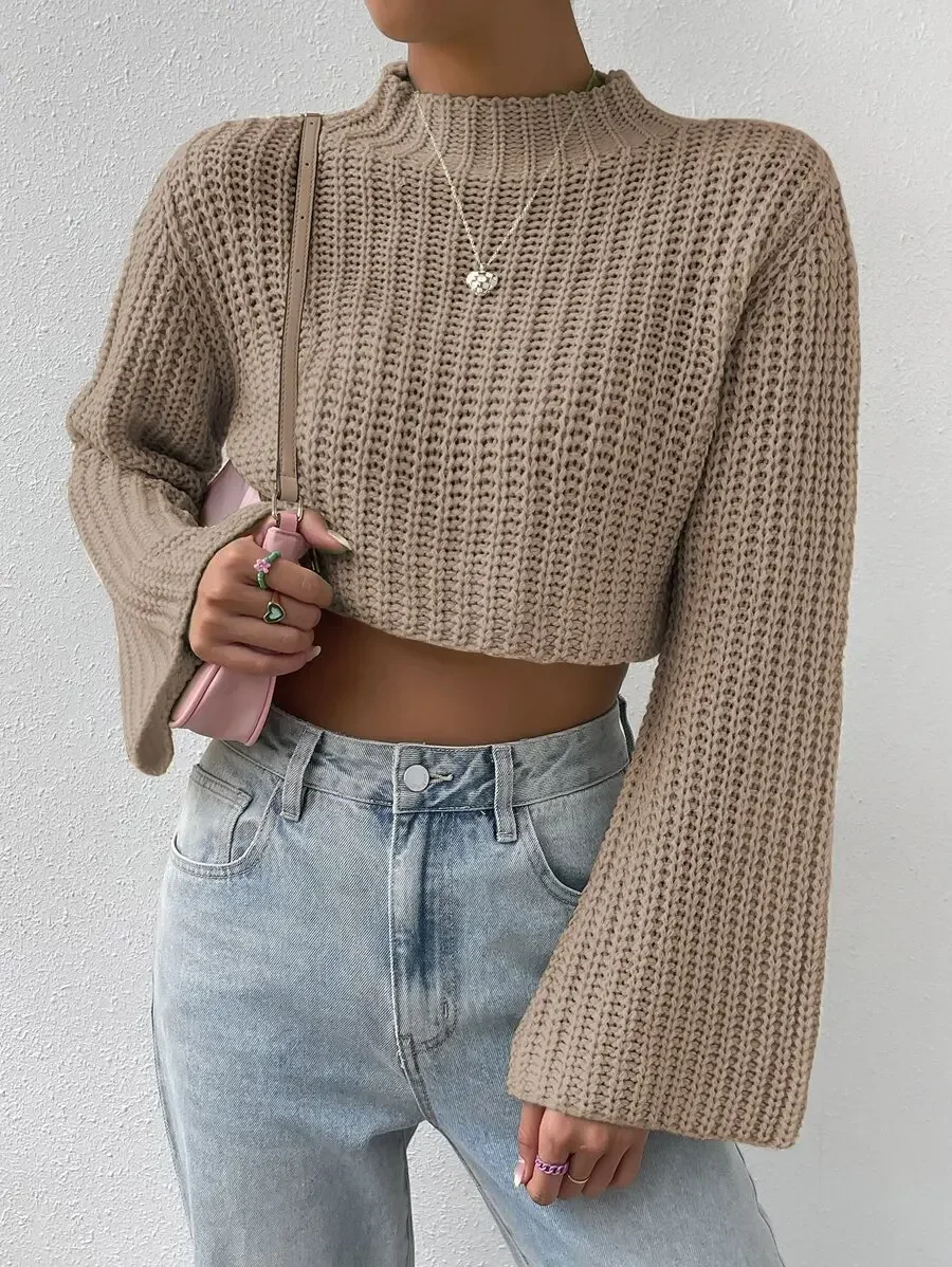 

Mock Neck Trumpet Sleeve Crop Knit Sweater Women Long Sleeve Pullover Fall Winter