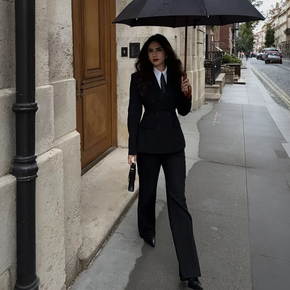 Powerful Women Black Double Breasted Suit Set Classic Jacket Wide Leg Trousers 2 Pieces Formal Business Office Wedding Outfit