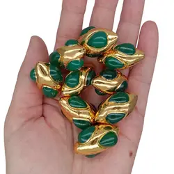 5 Pcs Green Agate Olivary Shape Spacer Loose Beads Gold Plated DIY Charms Jewelry