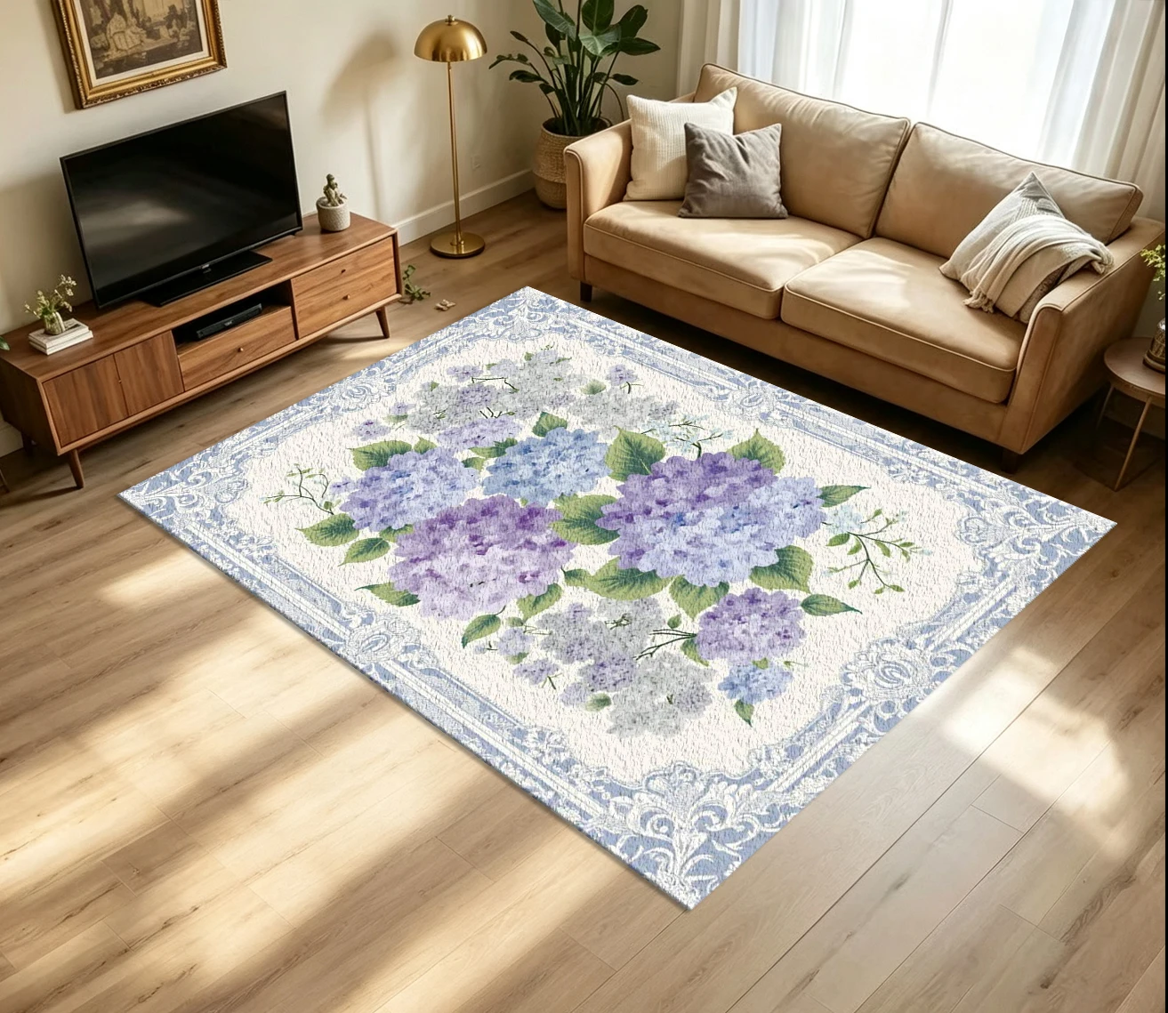 Light Blue Hydrangea Floral Border Carpet Flooring Elegant Watercolor Flower Printed Floor Rug for Living Area Household Decoration