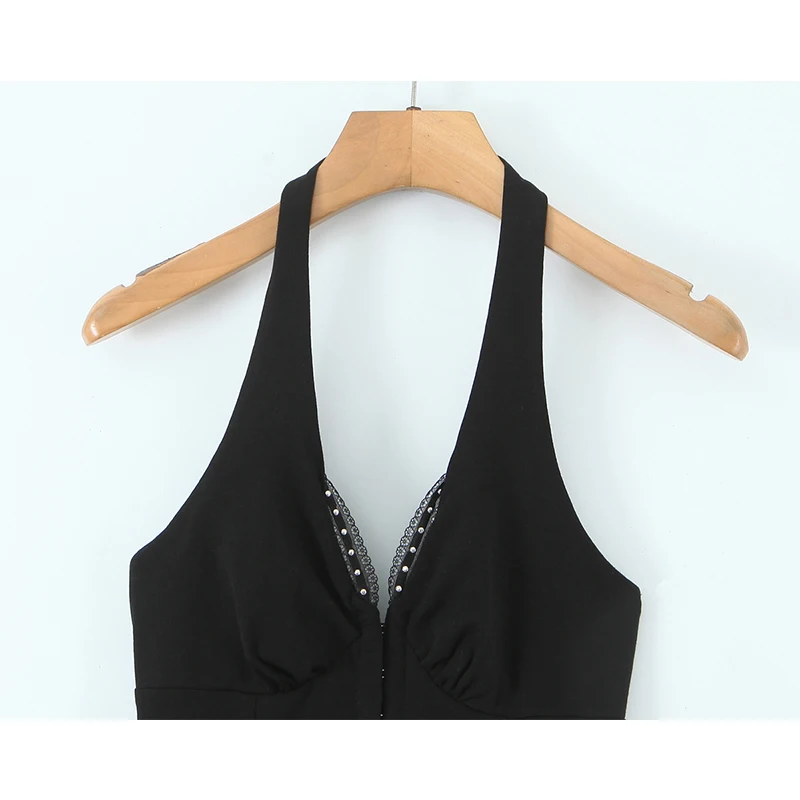 Sexy feminino renda emendada arco halter mini vestido moda sem costas em camadas bainha a linha verão vestidos pretos 2025 robe