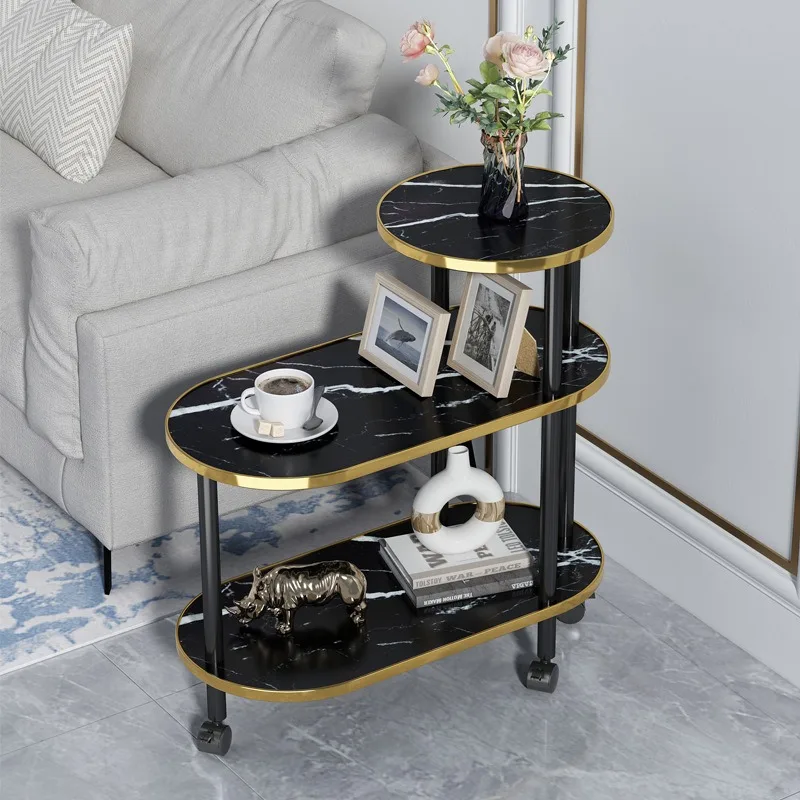 Solid wood sofa edge few with wheels movable trolley coffee table living room rock slab marble pattern edge cabinet tea cabinet