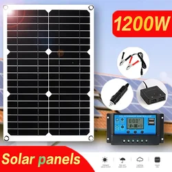 Painel Solar Carregador com Controlador, 1200W, 12V, Dual USB, 100A Flexível, Acampamento ao ar livre, Celular, Carro