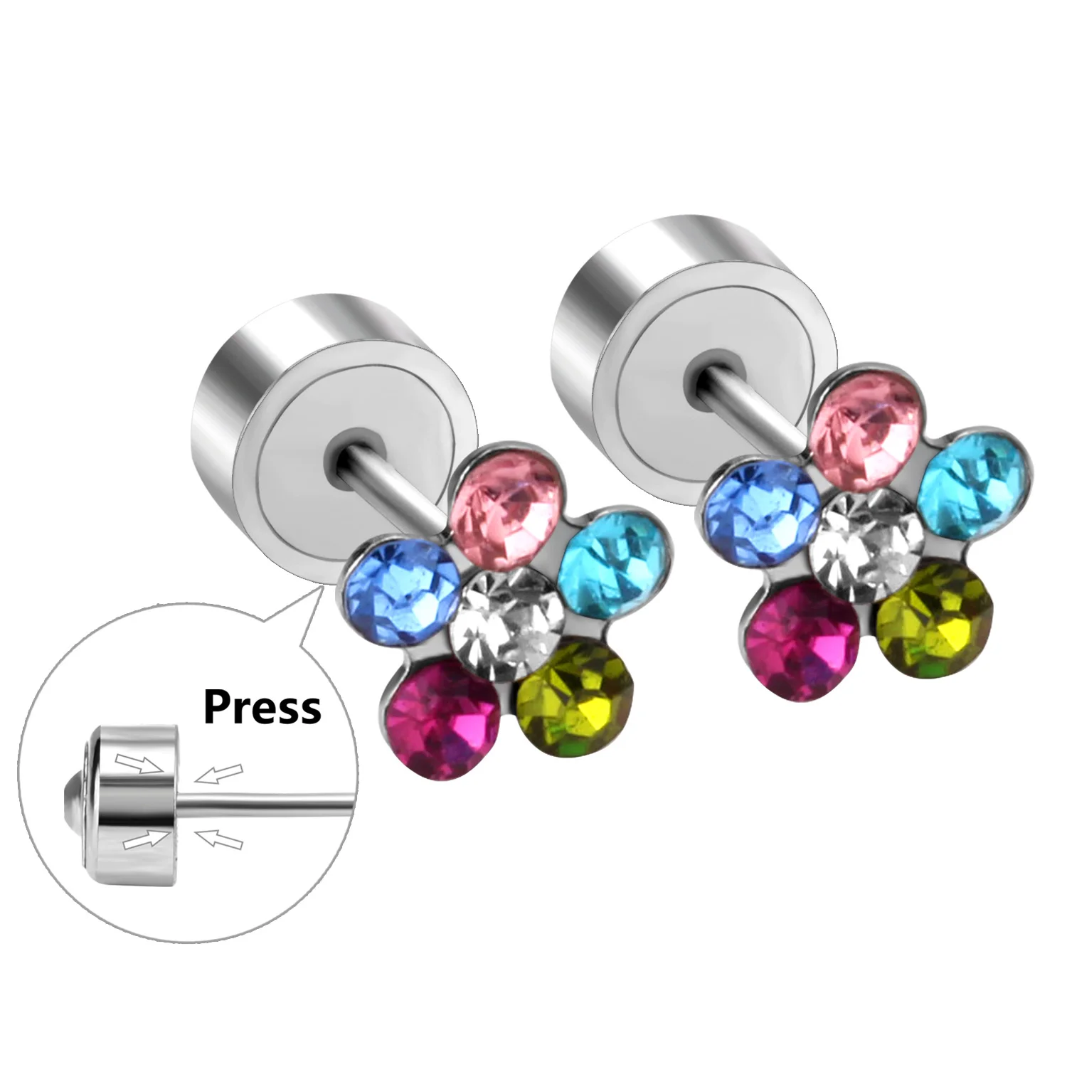 Colorful Flower CZ Press Back Stud Earrings, Stainless Steel Multi Crystal Piercing Earrings for Women Girls Daily Wear