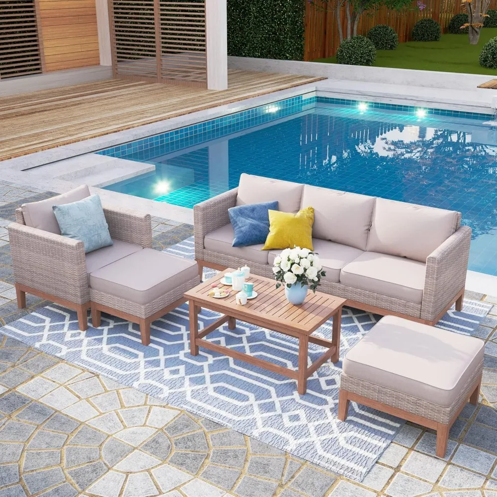 

Outdoor Wicker Patio Conversation Set, Outdoor Chaise Longue Conversation Set with Coffee Table & Cushions Garden Furniture Set