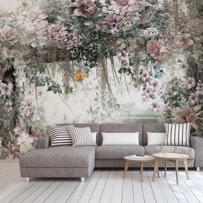 Customized European Retro Mural Wallpaper 3D Watercolor Vine Flowers Creative Living room TV background wall bedroom restaurant