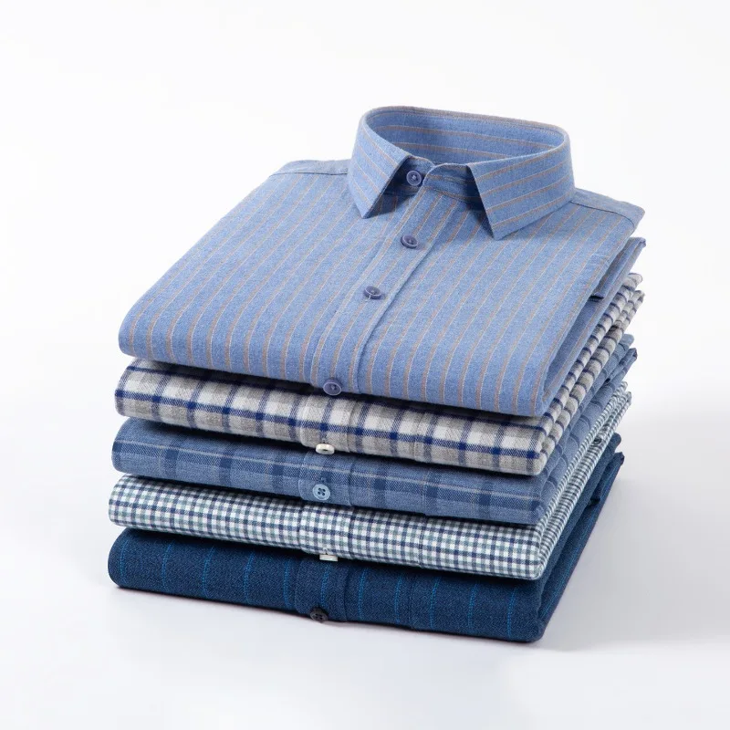 Classic Men Pure Cotton Shirt Spring Autumn Thick Long-staple Cotton Polished Long-sleeved Plaid