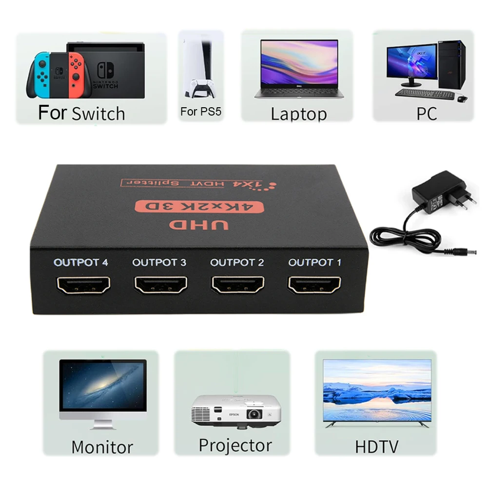 

Разветвитель-усилитель HDMI 1 вход/4 выхода, адаптер-конвертер видео HDCP 1080P для двух дисплеев, для HDTV, DVD, PS3, Xbox