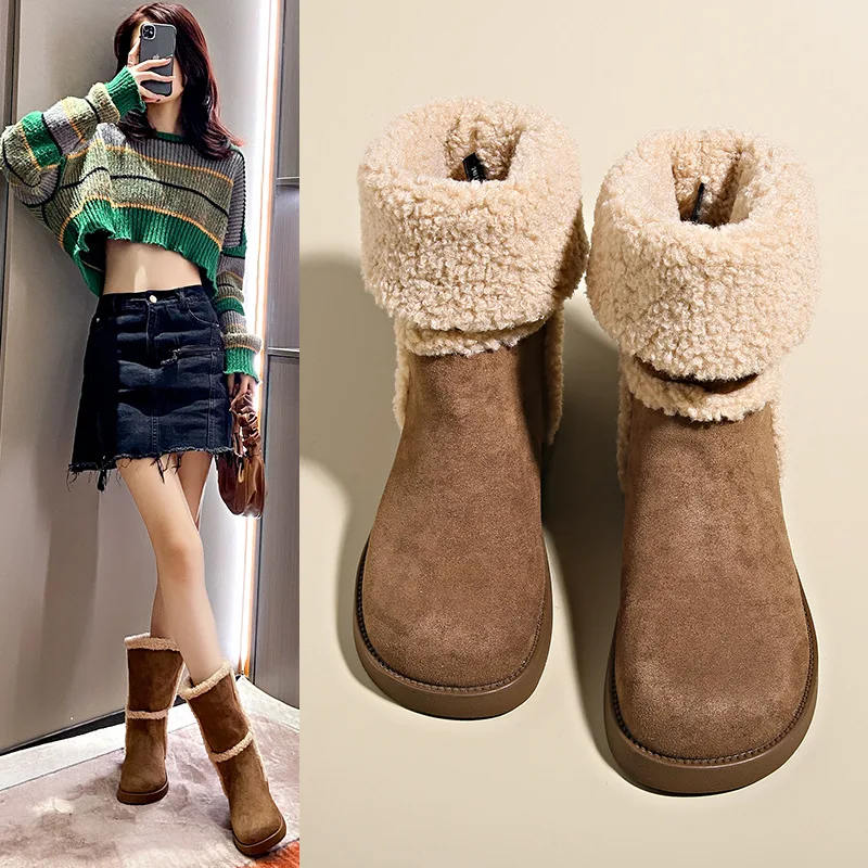 Solas grossas e botas de neve de cano alto para mulheres, casual plus fleece fur, uma botas curtas, nova, outono e inverno, 2023